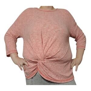 Anthropologie Size L/XL Reddish Pink Ribbed Tie Front Rayon Stretch Top